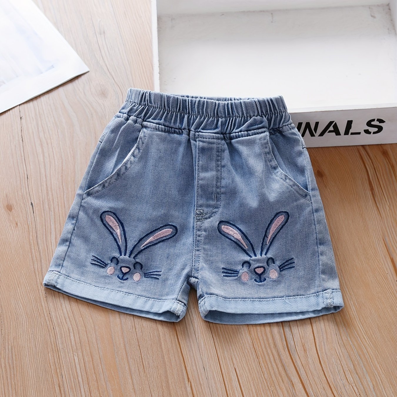 Image of Girls' Summer Embroidered Elastic Waist Denim Shorts, Cartoon Washed Casual Hot Pants, Sweet All-match Girls' Outerwear Shorts