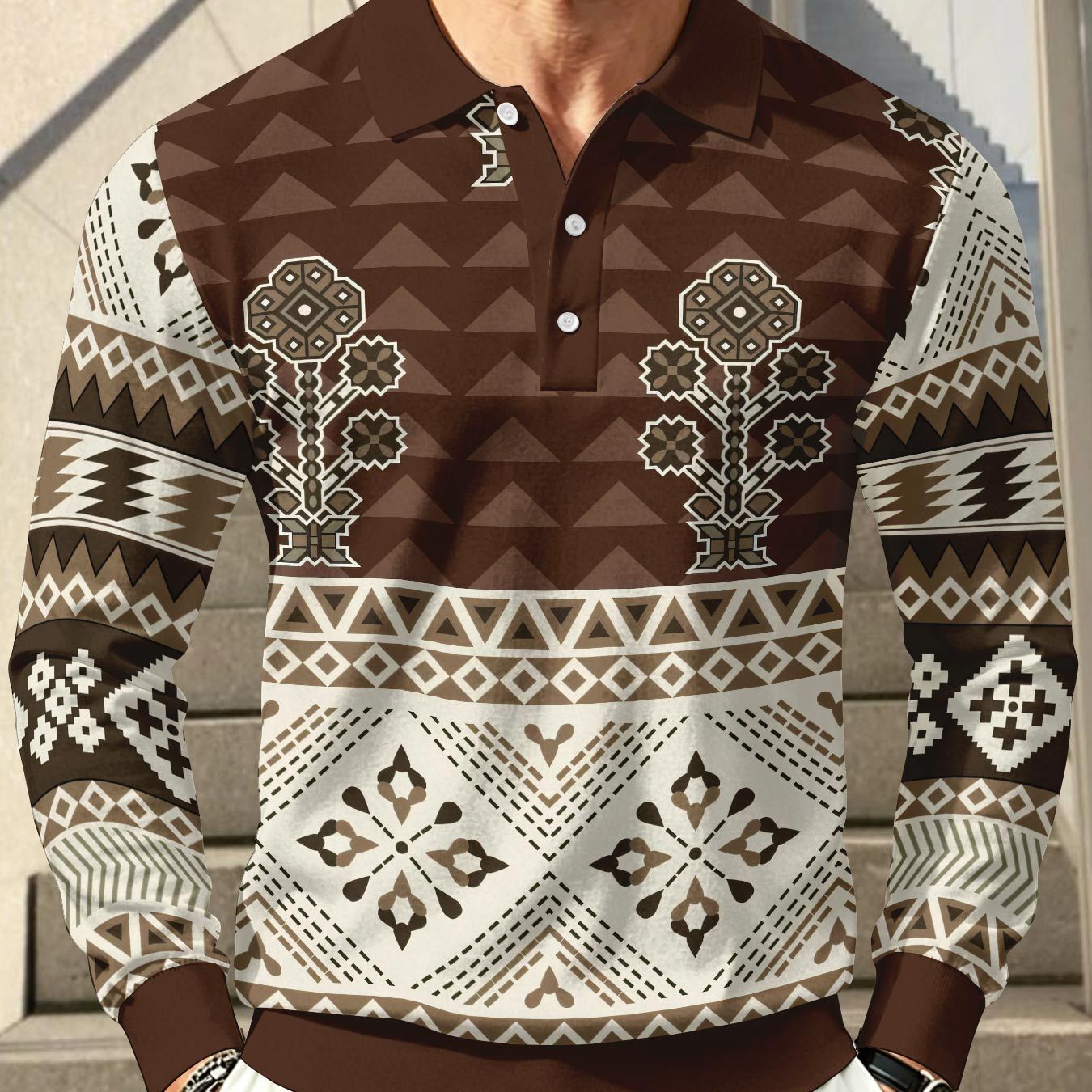 TEMU Men's Color-block Long Sleeve Shirt With Lapel Collar And Three-button , Loose Fit Long Sleeve T-shirt Top, Versatile Business And Golf Apparel