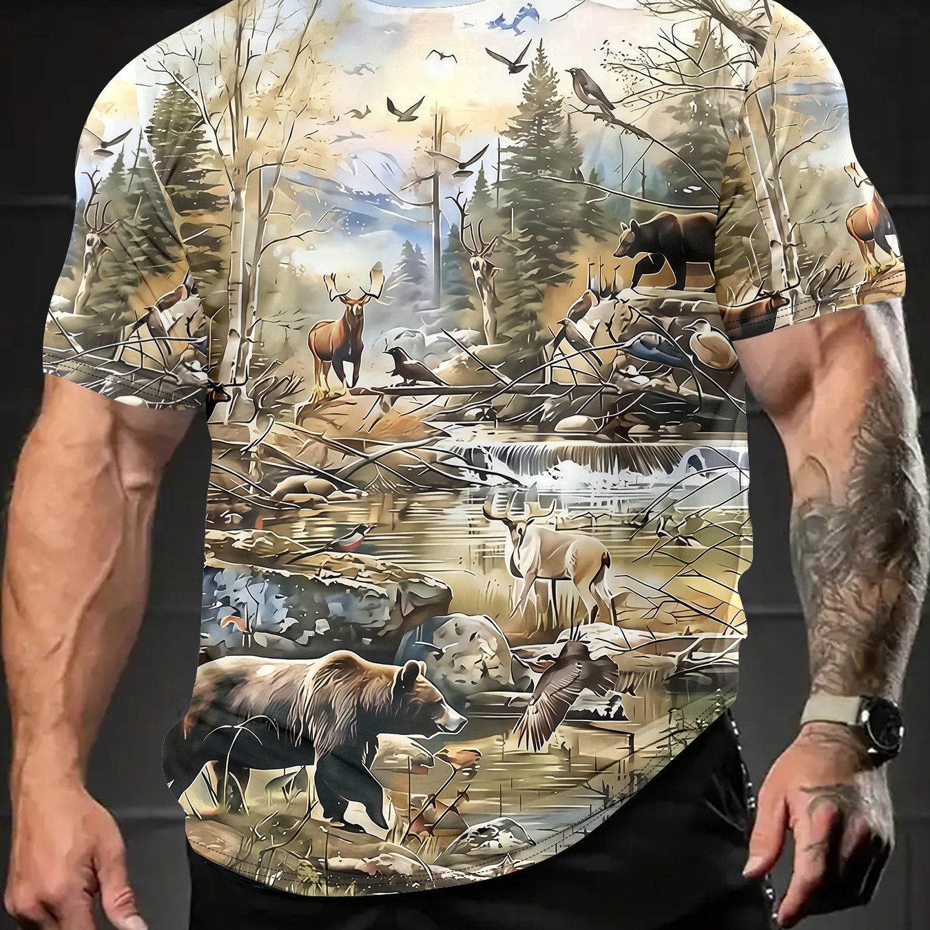 TEMU Men's 3d Forest Wildlife T-shirt With Deer & Woodland Animal Print - Breathable Summer Short Sleeve Round Neck Casual Outdoor Top, Suitable For,