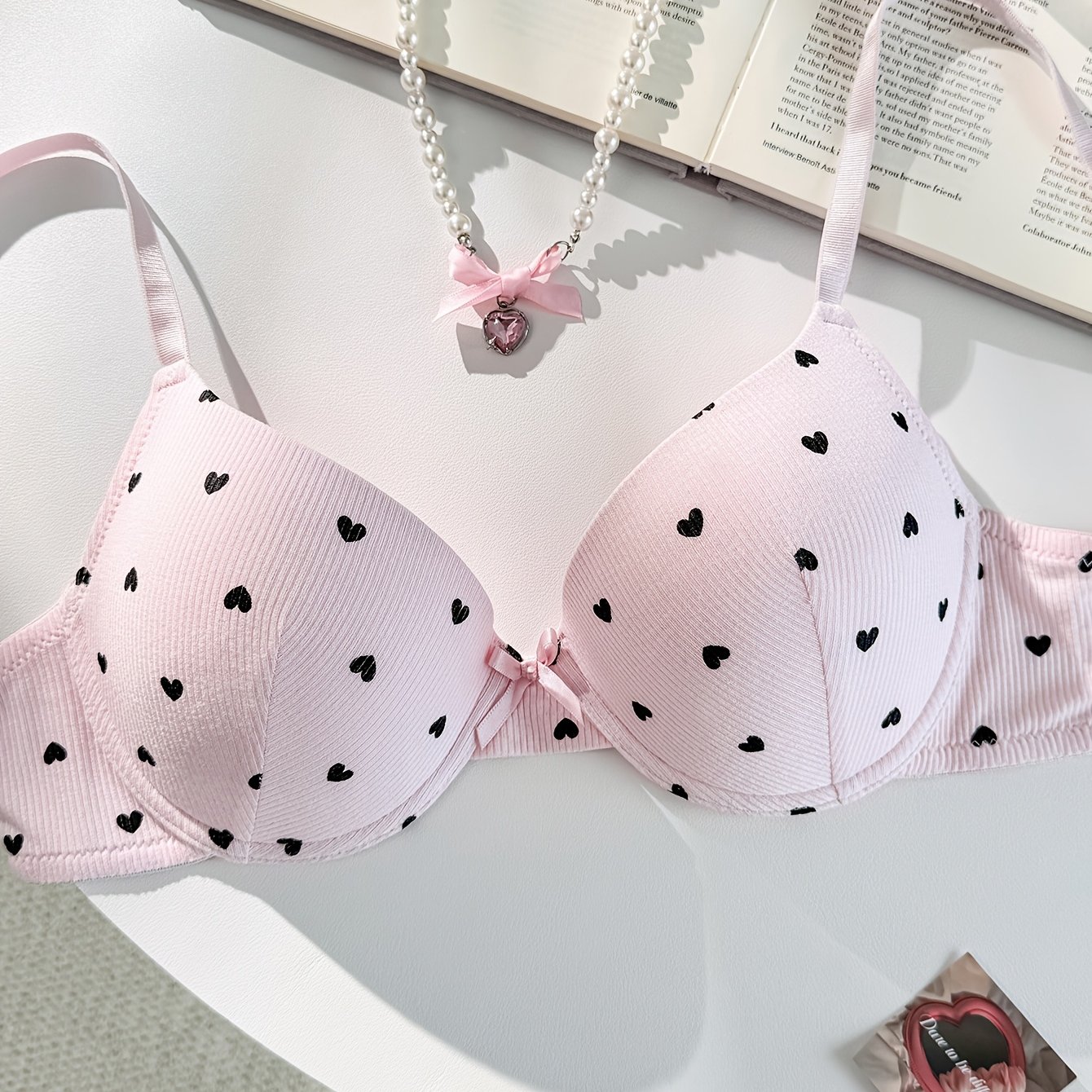 TEMU 1pc Sweet Heart Print Bra With Bow Detail, Underwire, Comfortable And Elegant For Women