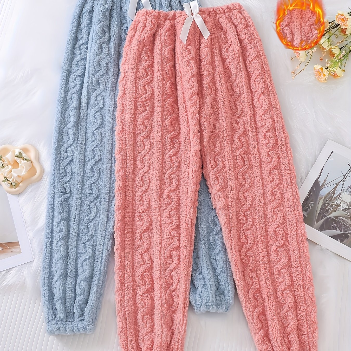 Image of 2pcs Cozy Fleece-lined Pants With Bow Detail - Warm, Textured Casual Long Trousers For Women