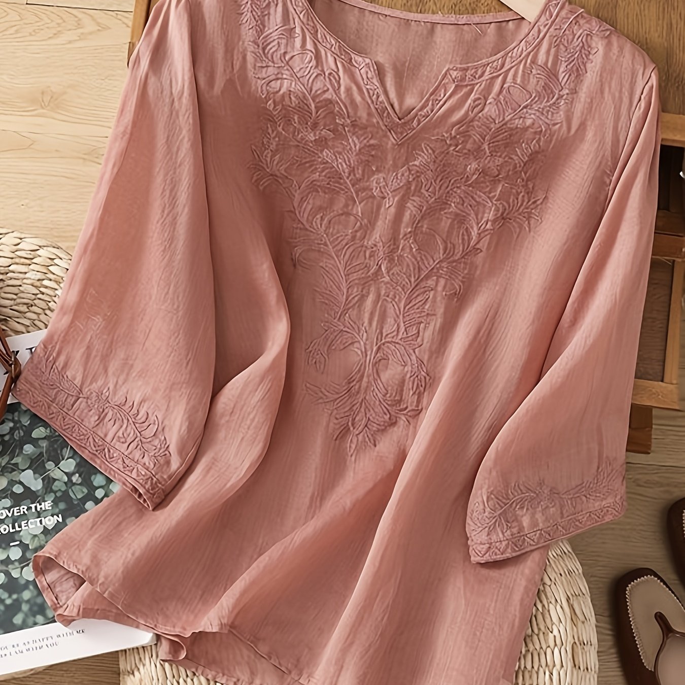 TEMU Embroidered Pullover Shirt For Women, Suitable For Vacation