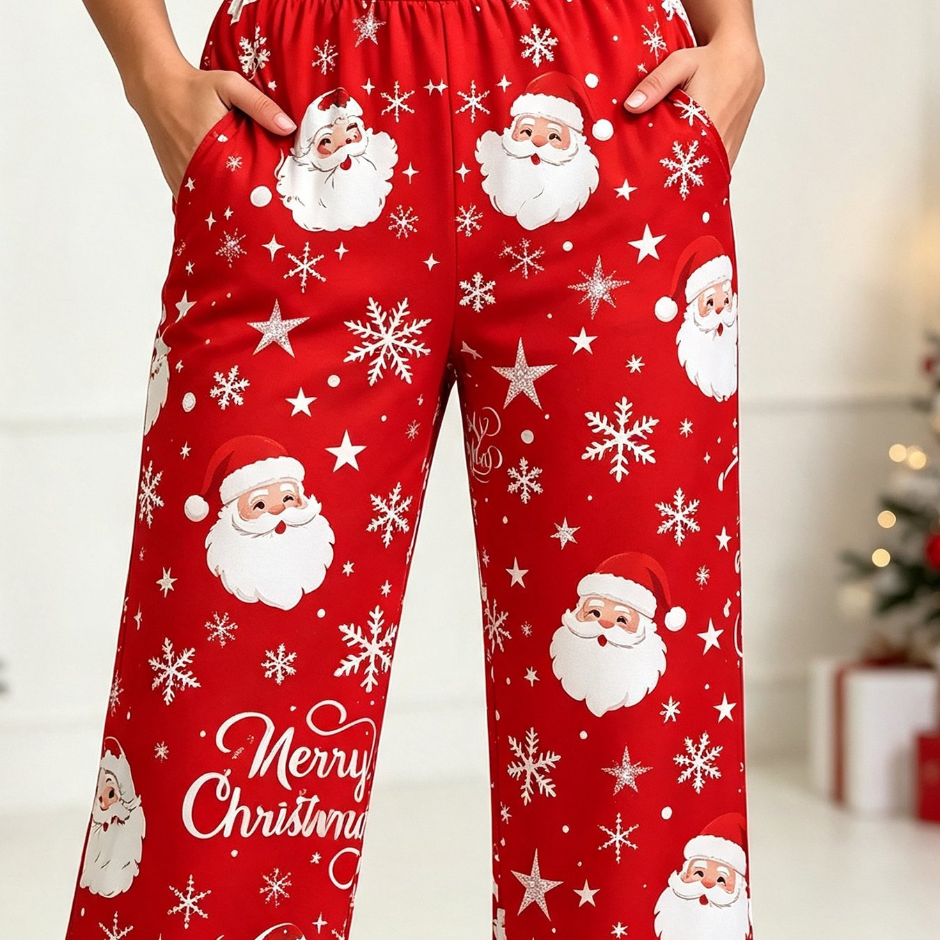 TEMU [printed Design - Not Textured] - - Women's Christmas Themed Wide-leg Pants, Elastic Waist With A Loose Fit, Santa Claus And Snowflake Print,