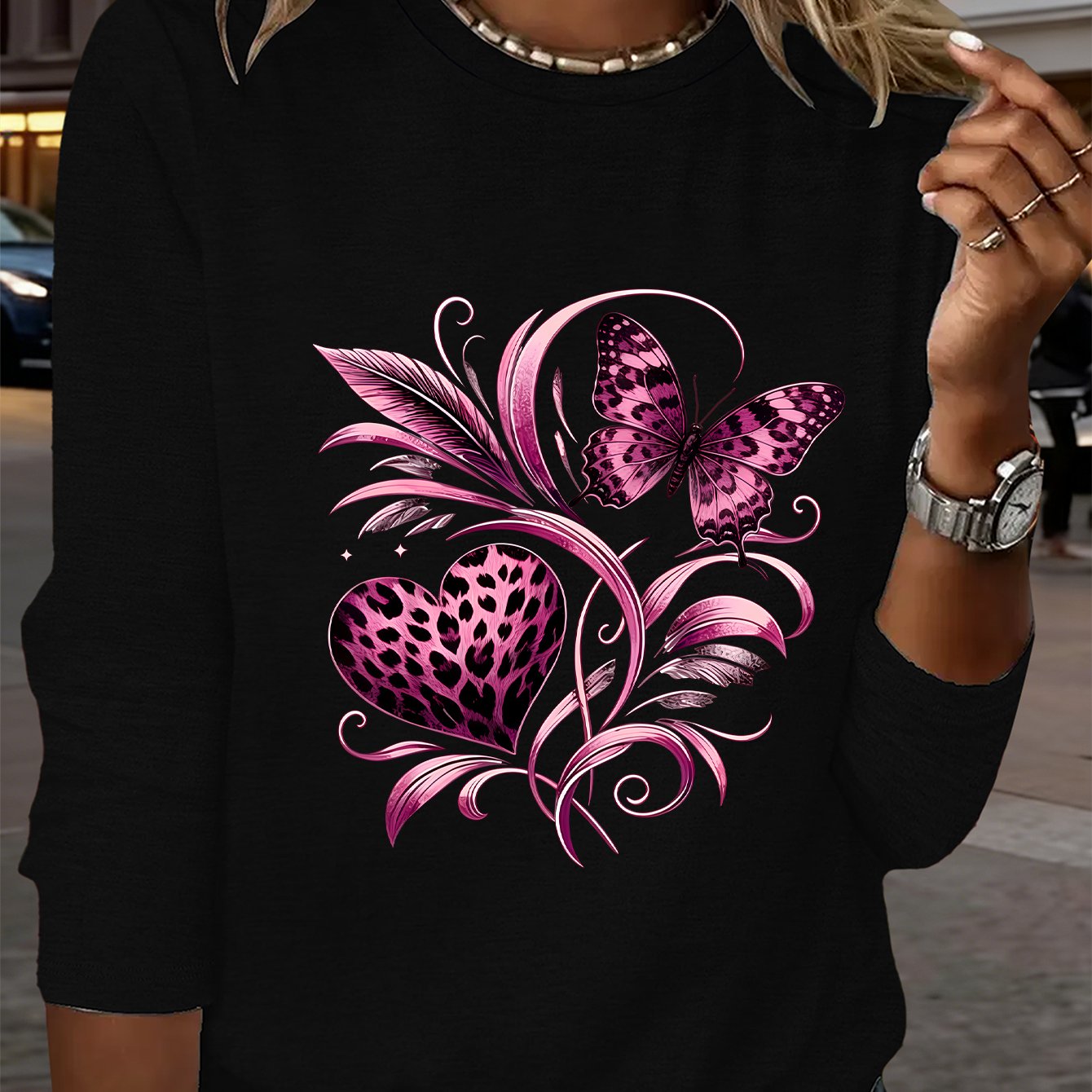 TEMU 1pc Pink And Black Contrast Heart Print New Y2k Style Round Neck Long Sleeve Women's Sportswear Comfortable Breathable Elegant Daily Casual