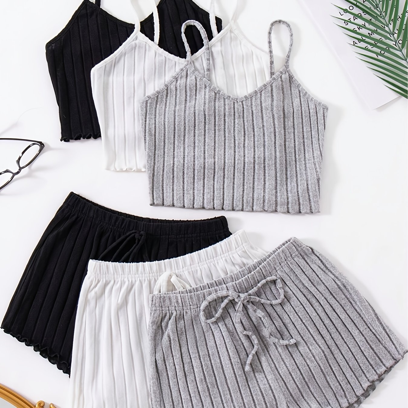 Women's Home Solid Color Black And White Gray Thong Shorts 6pcs Set