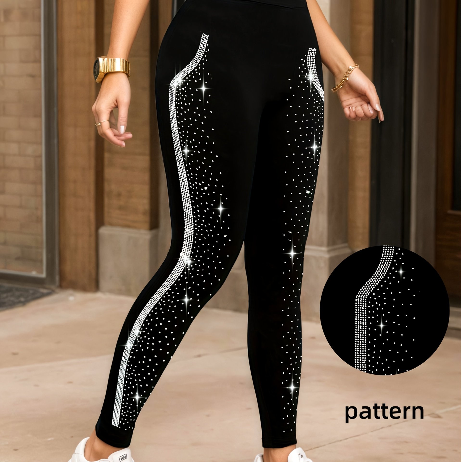 E-shop 1 Stück Damen Schwarze Vier-Jahreszeiten Cropped Hose, Sternenhimmel Hot Drilling Leggings, Freizeit Ausgehen Party Kleidung