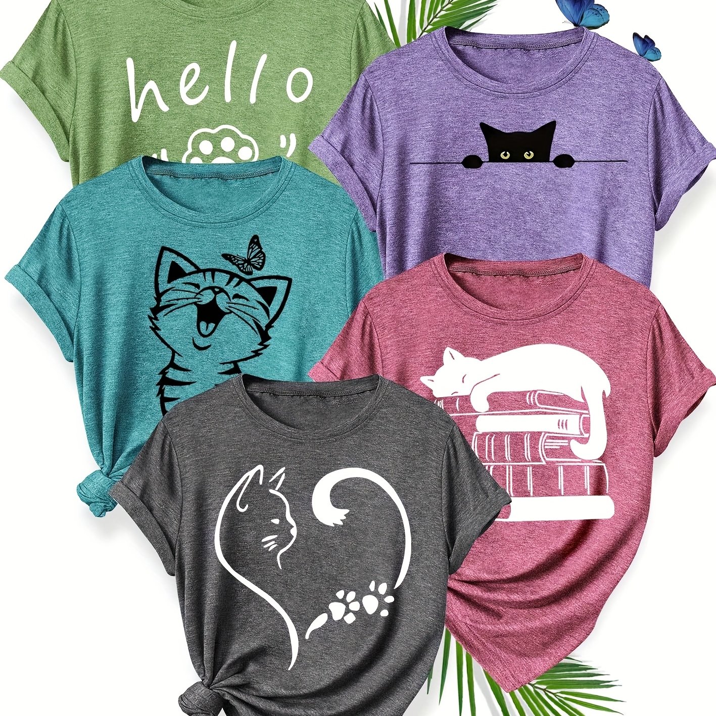E-shop 5-teiliges Damen-Vintage-Katzenprint-T-Shirt-Set – Niedliche Kätzchen- & Herz-Muster Kurzarmblusen, S-XXL (Mehrfarbige Optionen) | Lässige