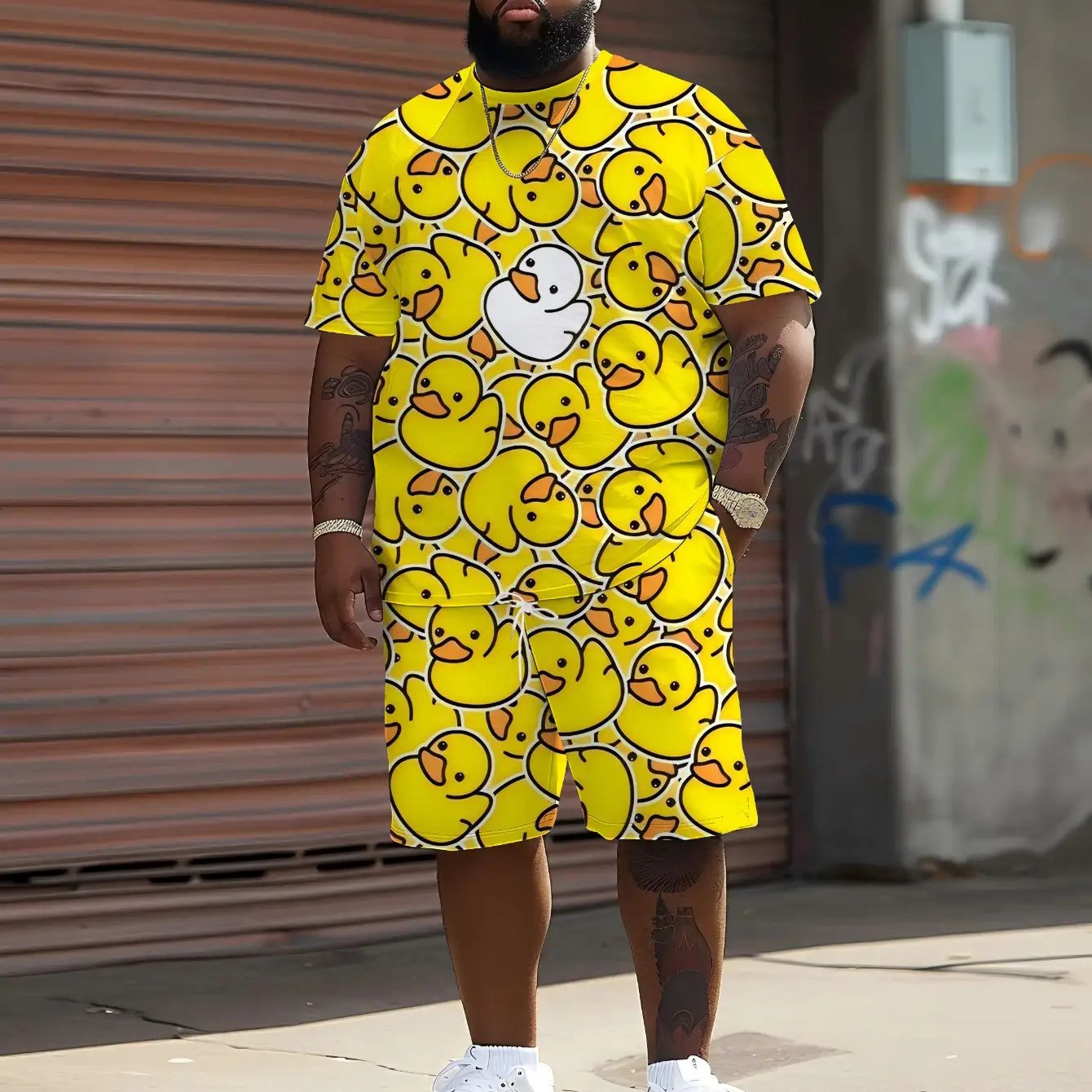 TEMU A Set Of Oversized Men's Casual Crew Neck T-shirts, Yellow With Duck Print, Comfortable And Breathable, Easy To Wash, Suitable For Sports,