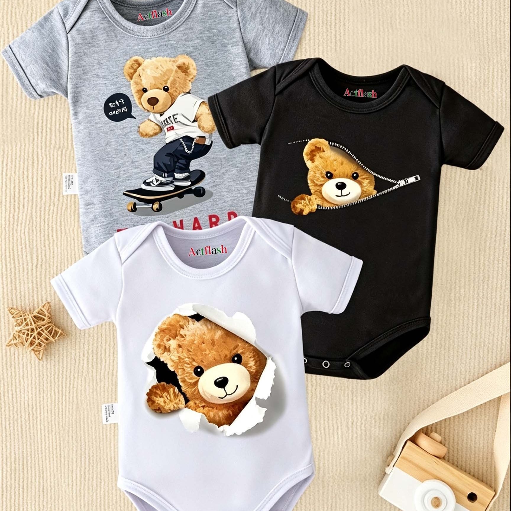 Image of 3pcs New Cartoon Print Baby Romper Set, Soft And Comfortable Newborn Bodysuit, Pregnancy Gift, Perfect For Outdoor,boys And Gilrs Clothes