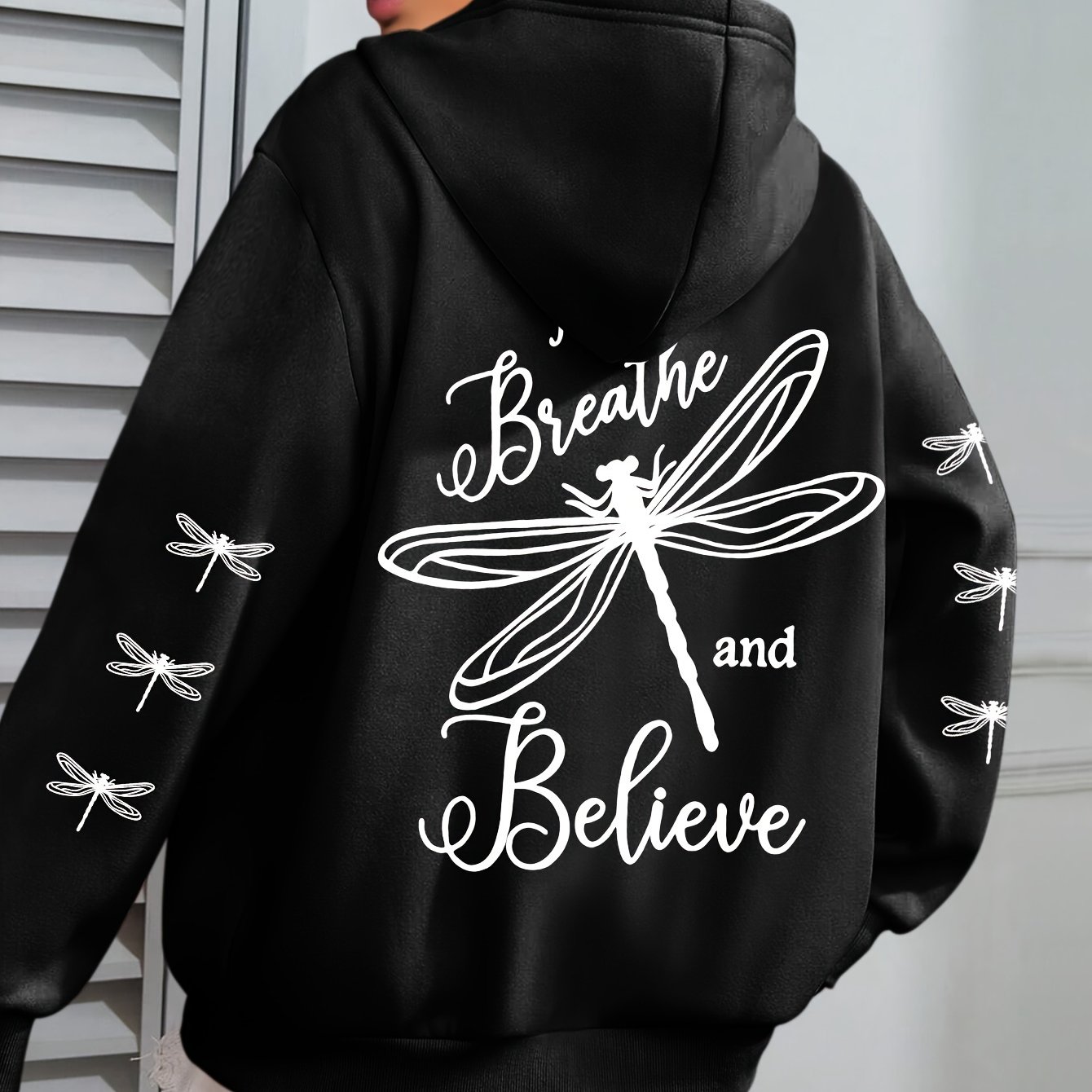 TEMU Plus Size, Plus Size Believe Print Hoodie, Casual Long Sleeve With Pocket Hooded Sweatshirt For Winter & Fall, Designed For Women, Women's Plus