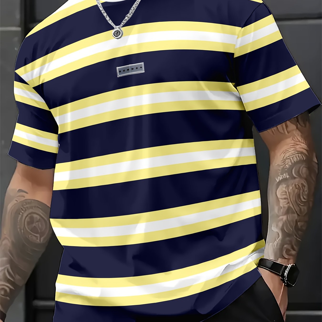 TEMU Men's Striped Short-sleeve T-shirt With Letter Print, A Stylish And Casual Round-neck Sports Top For Summer, Plus Size