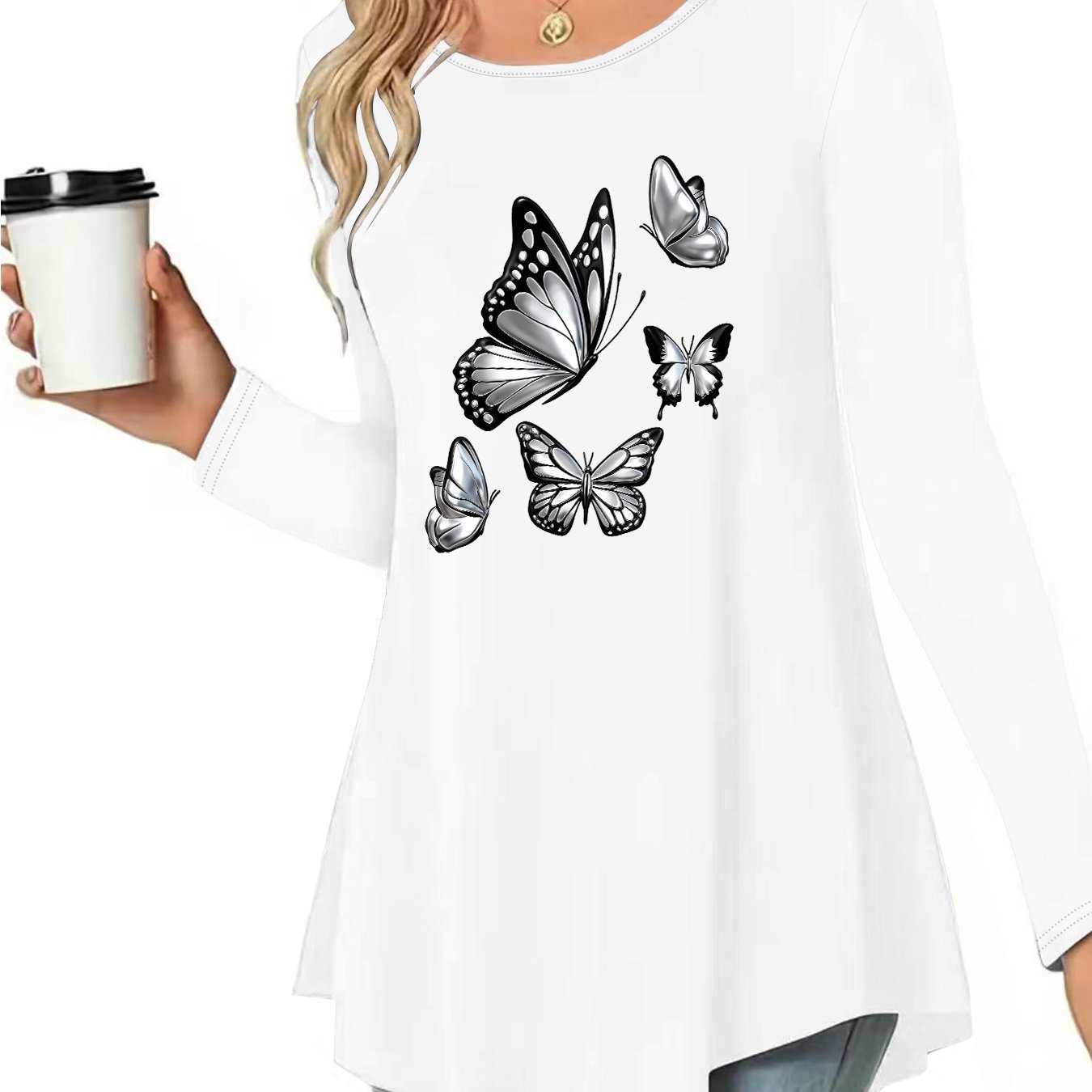 TEMU Women's Fashion Long-sleeve T-shirt With A Printed Design And Round Neck, Suitable For Casual Wear And Autumn