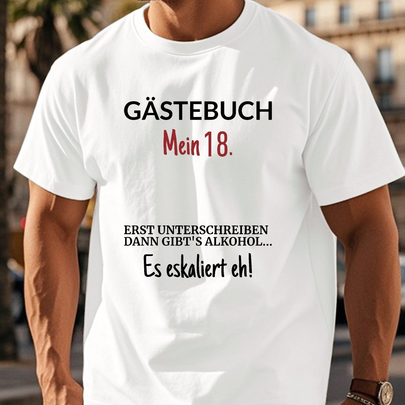 TEMU Men's 18th Birthday T-shirt - " My 18 Inches" With German Text, Black And White Casual Short-sleeve T-shirt, Perfect For Parties And