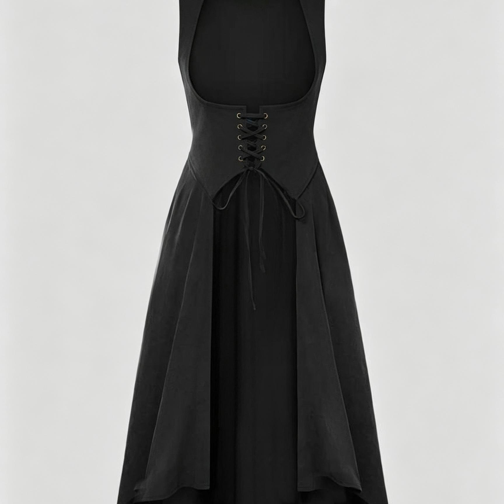 TEMU Dark Sleeveless Hooded Waist-cinching Long Top, Retro Tie-waist Asymmetrical Long Skirt Jacket, Suitable For Dark Gothic Style, Castle