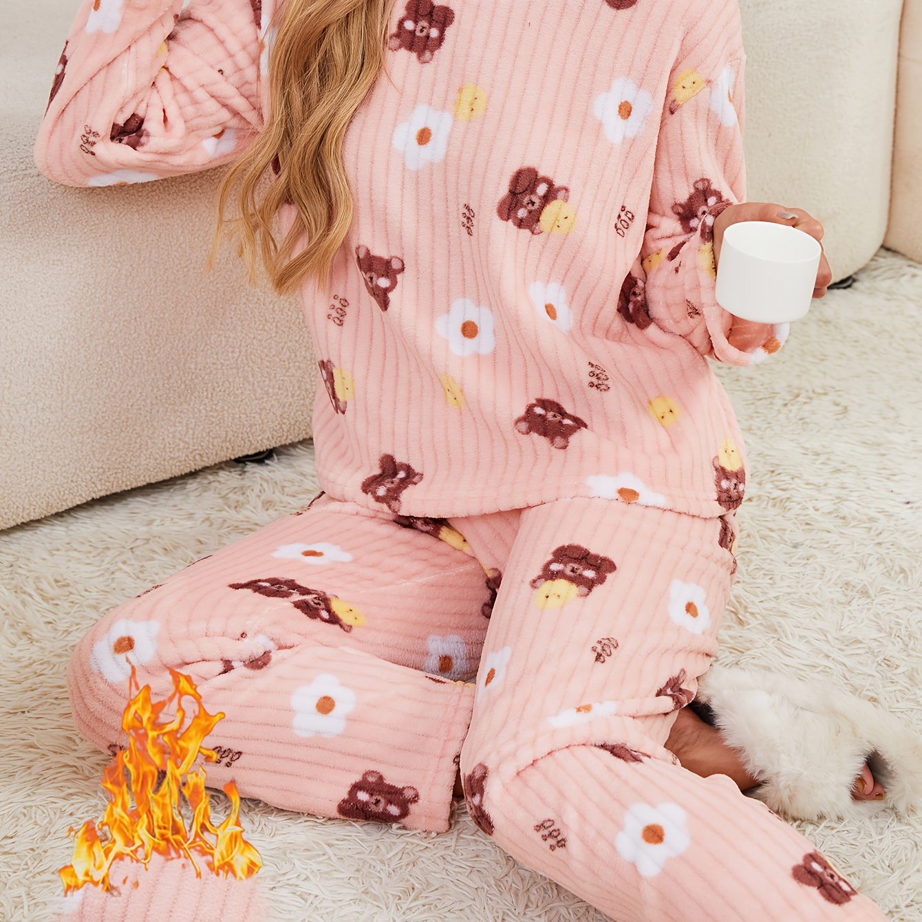 TEMU Two-piece Winter Cute Bear Pajama Set - Simple And Stylish Long-sleeve Thickened Fleece Outfit With Pants