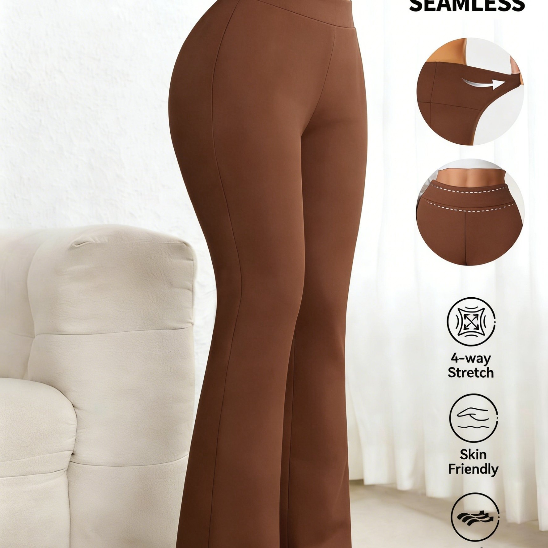 TEMU Pantalones acampanados elásticos para mujer - Leggings de cintura que moldean el cuerpo, ideales para ocasiones casuales, fitness y formales,
