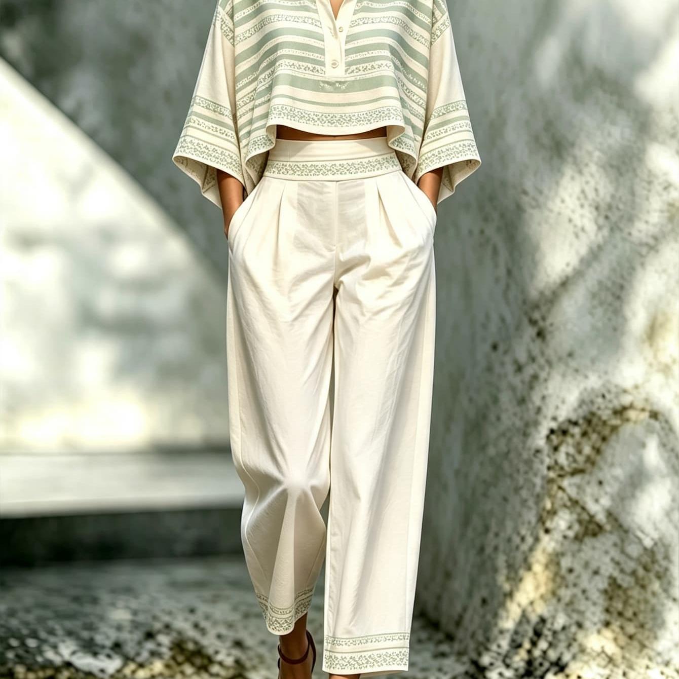 2d Flat Printing Women's 2pcs Outfit Fall Lapel Striped Cropped Top Wide Leg Pants Set 3/4 Sleeve Shirt Suit Thanksgiving Vintage Boho Ethnic Jacquard Half High Waist Pleated Ankle Pants Loo