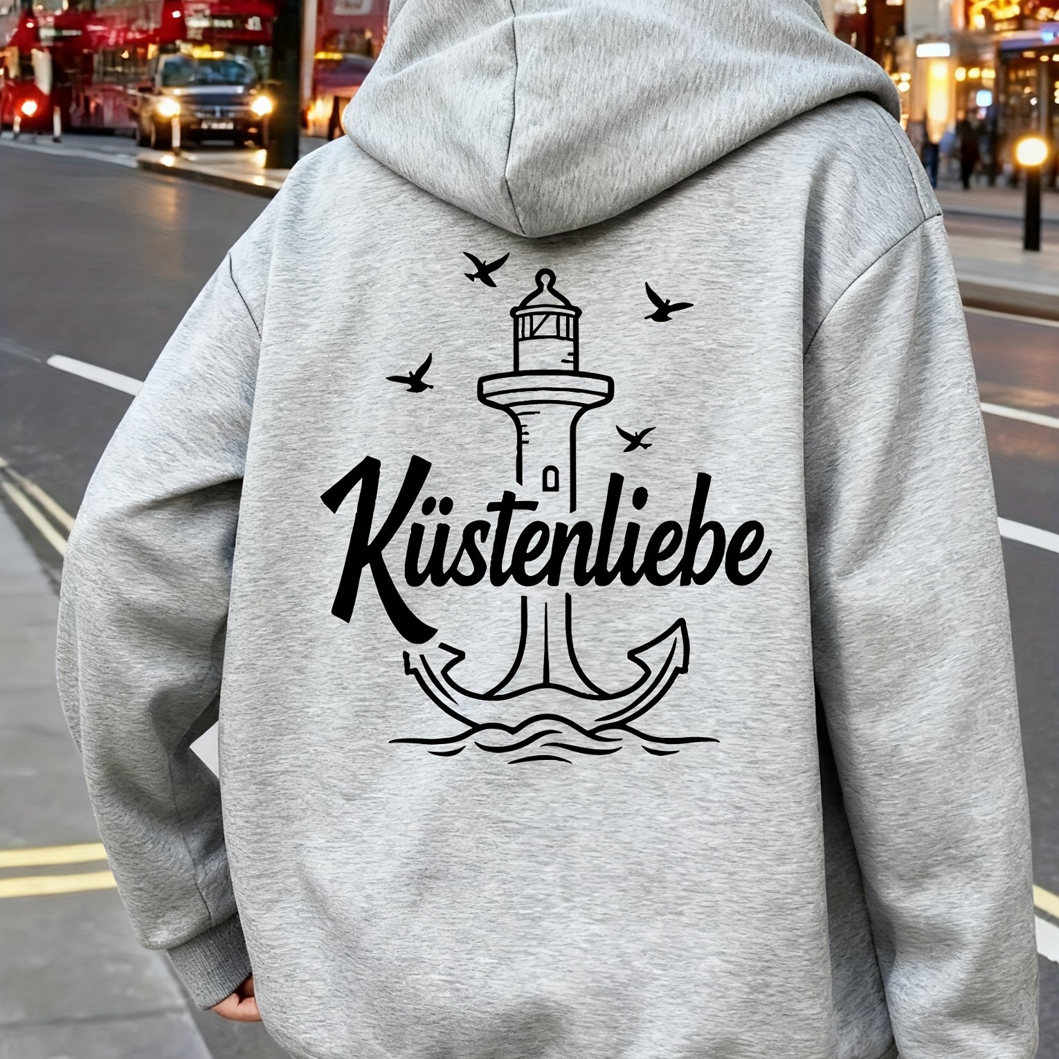 Image of Women's Lighthouse & Anchor Hoodie With Kstenliebe Lettering - Thick Warm Nautical Sweatshirt Suitable For Beach Travel Gifts, Cozy Autumn Winter Wear, Casual Hooded For , Lighthouse Anchor Design