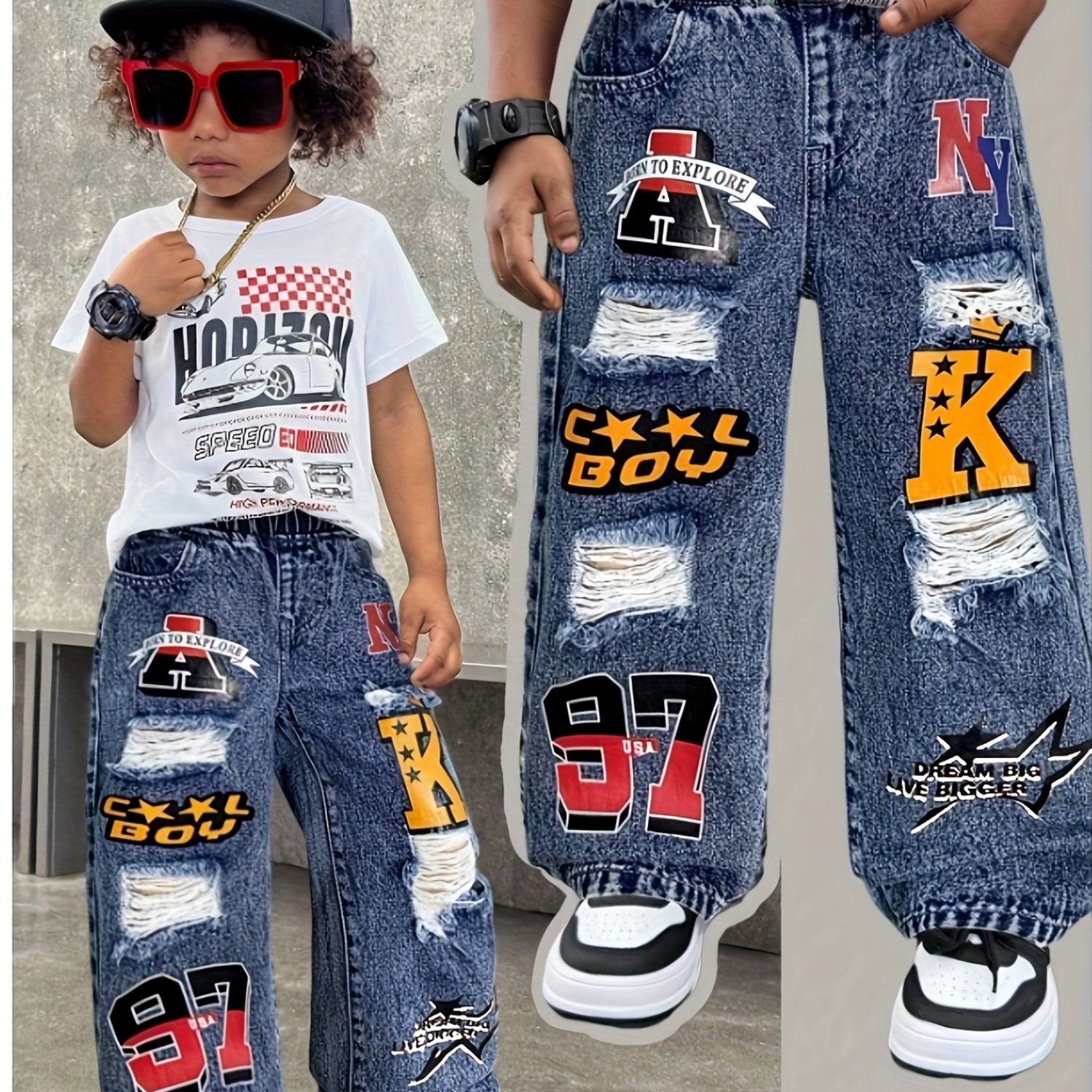 Image of Boys' Denim Jeans, Washed Distressed Letter Print Ripped Loose Straight Black Jeans, Clothing For Boys, Streetwear And Apparel, Christmas Gift