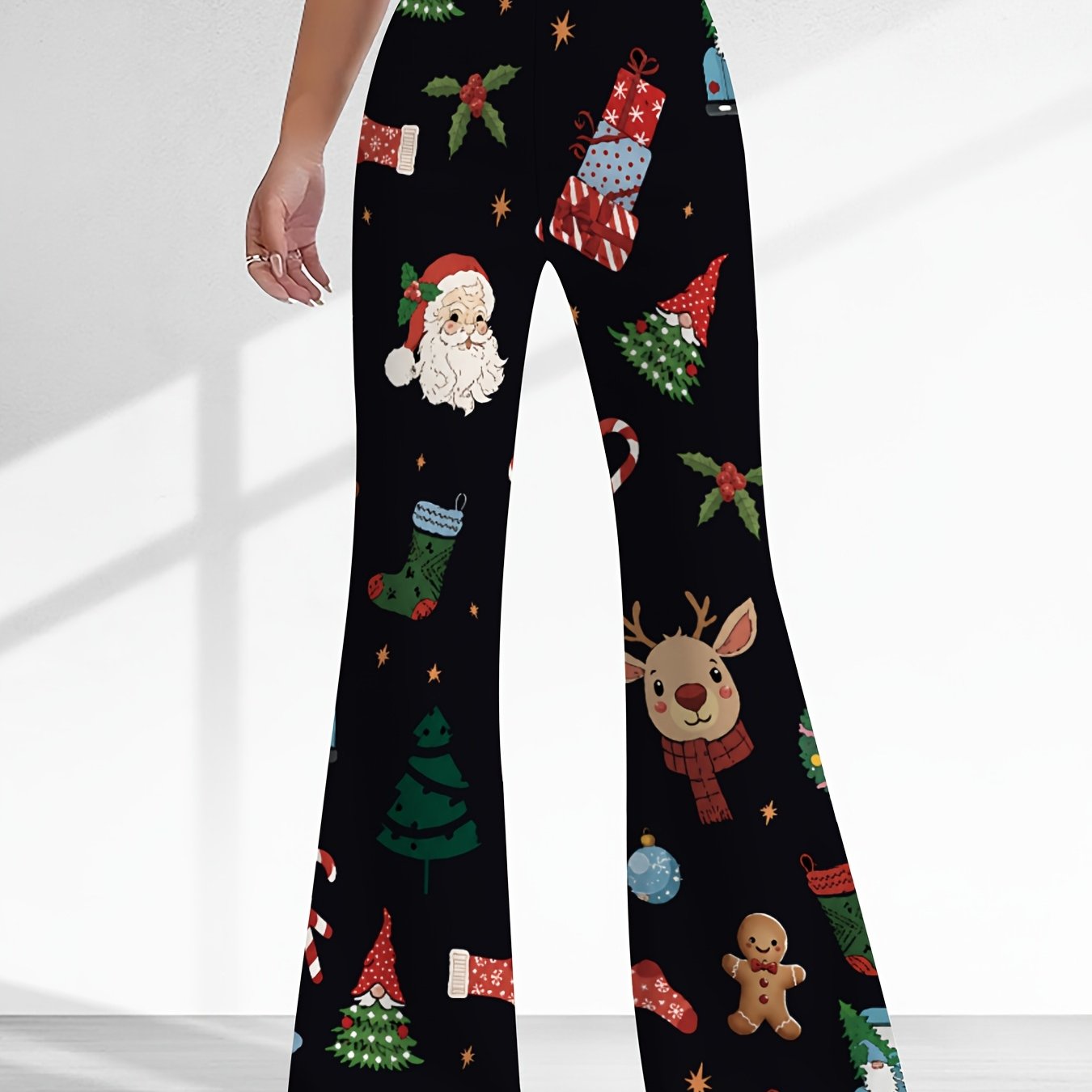 TEMU Christmas, Autumn, And Winter Women's High-waisted Fabric, Lightweight Flared Pants, Elegant Women's Christmas Cartoon Printed Micro Flared