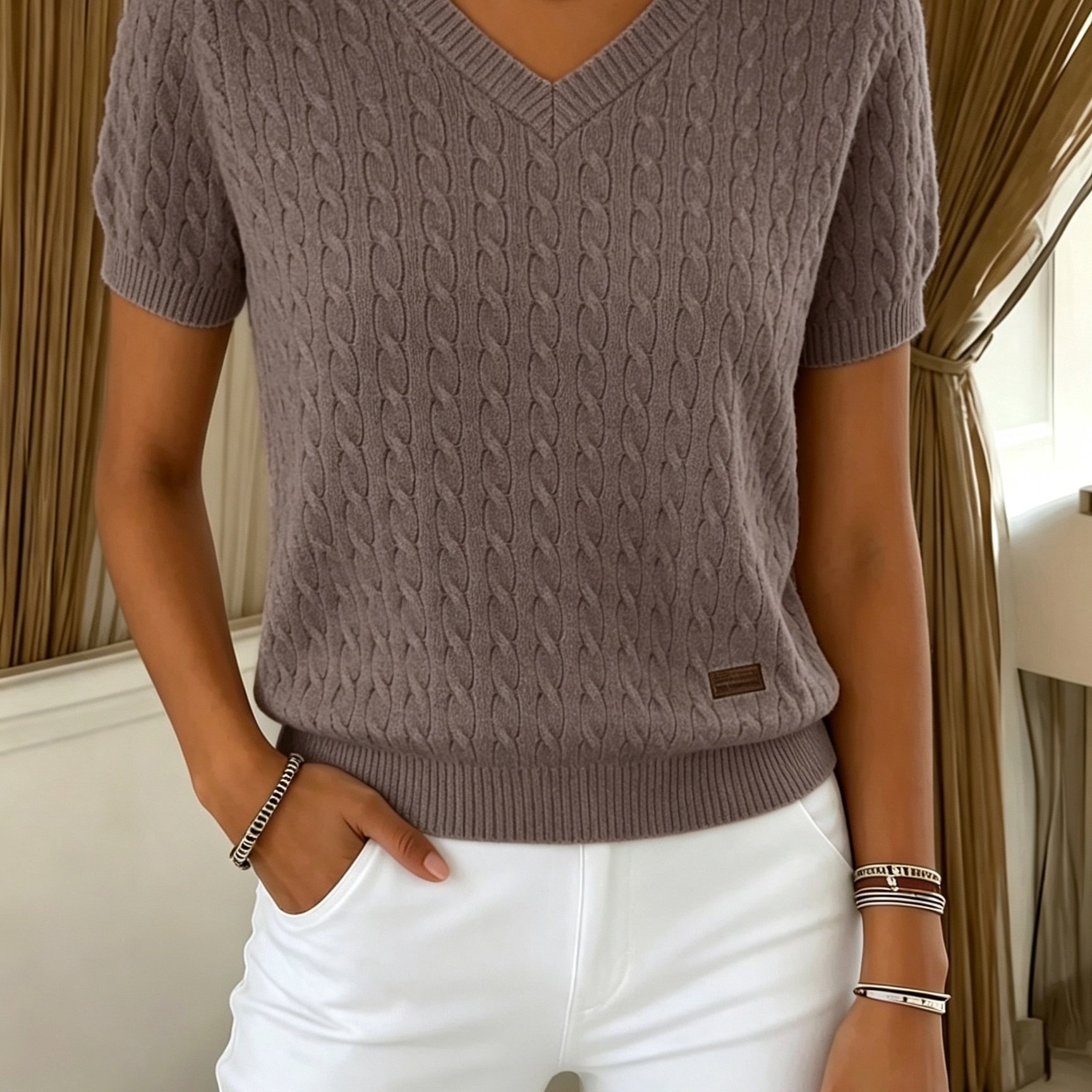 TEMU Haut pull pour femme, couleur unie, col en V, manches courtes, , confortable, élégant et décontracté