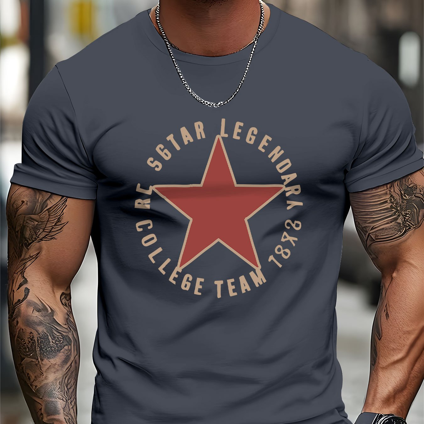 TEMU Men's Summer Round-neck Top With -pointed Star Pattern, Vintage Style, Comfortable And Versatile Crewneck T-shirt For Men, Casual Fashion