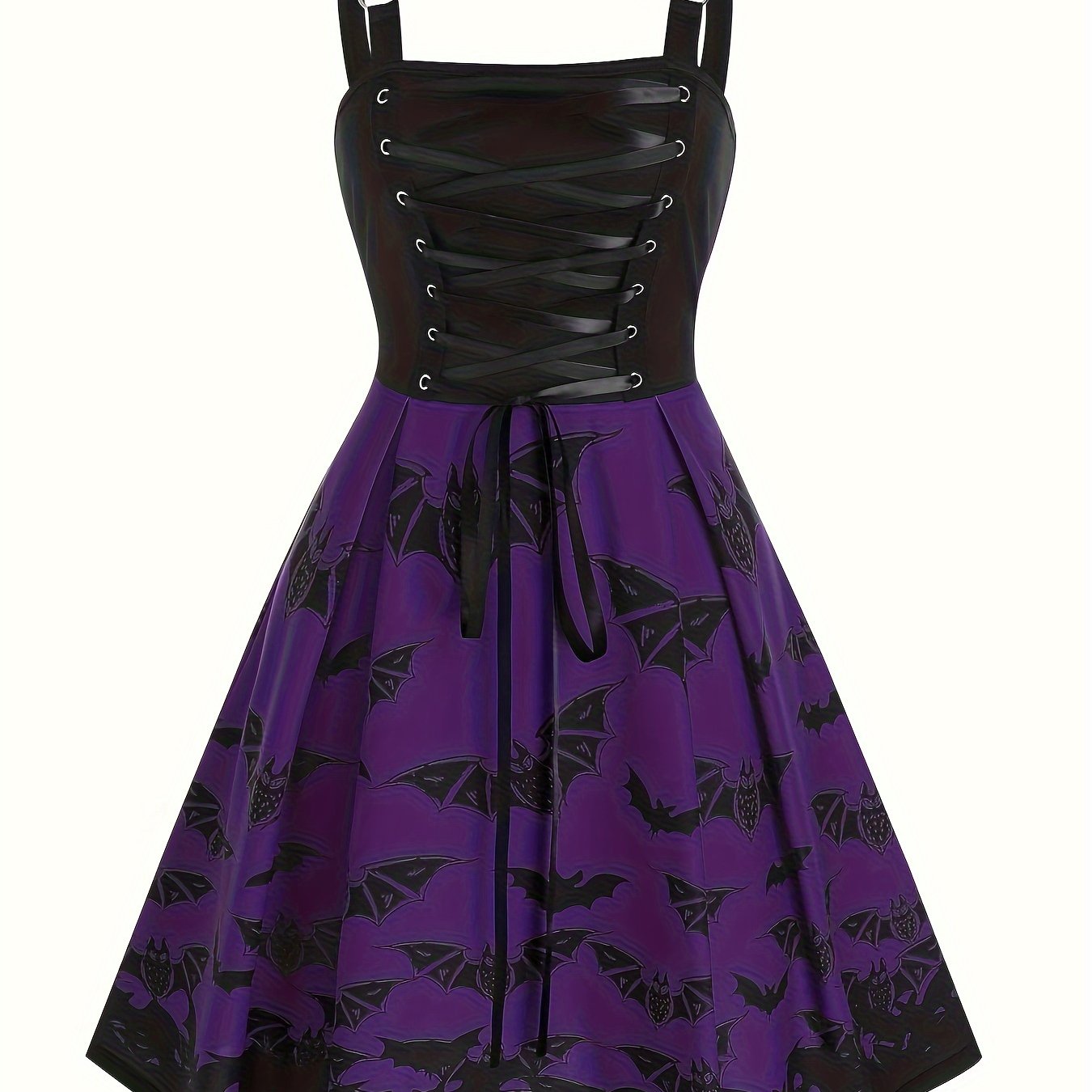 Bat Print Ring Strap Dress Backless Lace Up Corset Flared - Temu