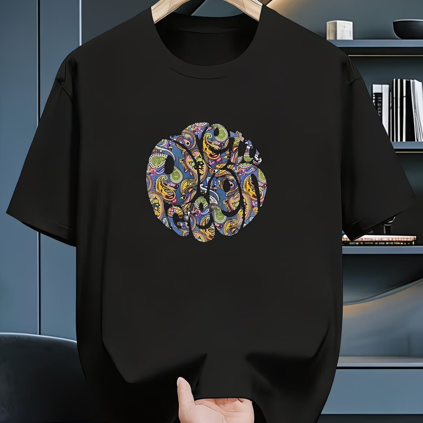TEMU Paisley Print T-shirt - With Green And Brown Color Block Print, Casual Streetwear Short-sleeved Crew Neck Design, Made Of Breathable And Soft