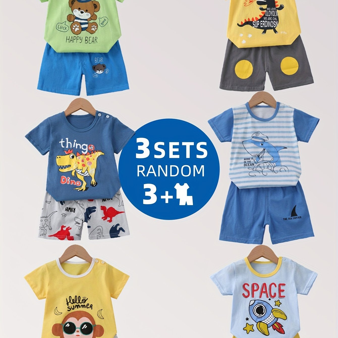 TEMU 3 Sets Of Cute Casual Short-sleeved Shorts Suits And Car Prints, Soft, Comfortable And Suits, For