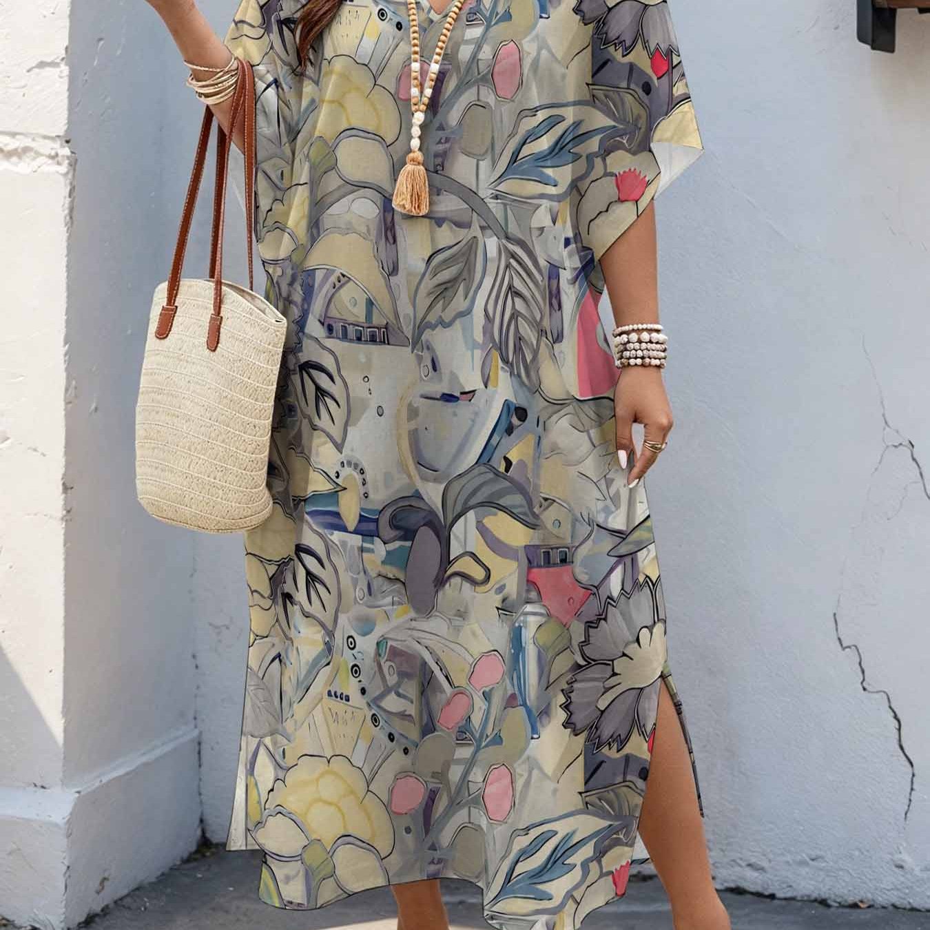 Image of Plus Size, Plus Size Women's 08xl Artistic Abstract, Floral Botanical Print Maxi Dress, Batwing Sleeve Dress With Double Side Slits, Loose Casual Summer Dress For Curvy Women