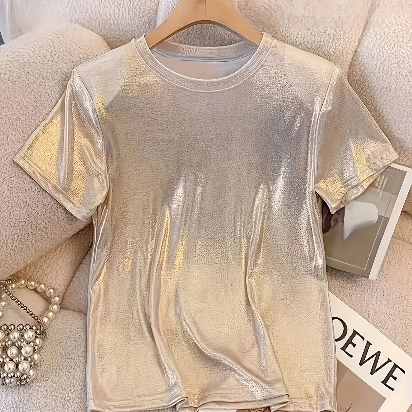E-shop Damens Elegantes T-Shirt in Unifarben mit Rundhalsausschnitt - Weicher, Mitteldehnbarer Stoff, Maschinenwaschbar, Frühling/Sommer Casual &