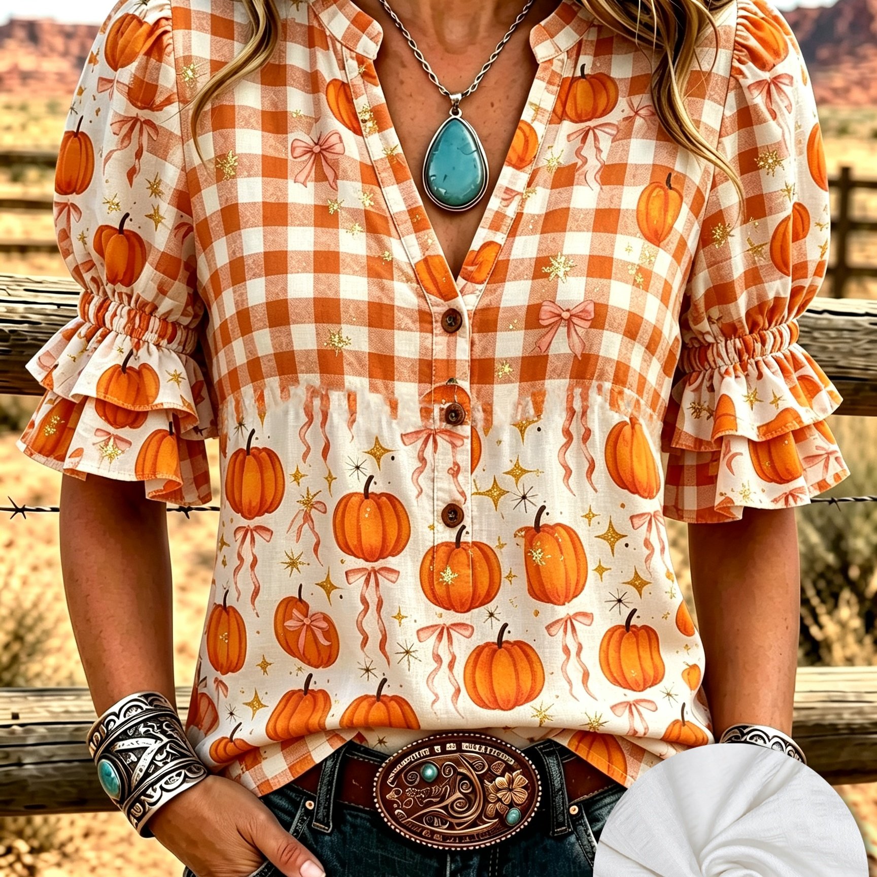 TEMU Ladies' Retro Art Checkered And Halloween Pumpkin Pattern Printed V-neck 3-button Shirt