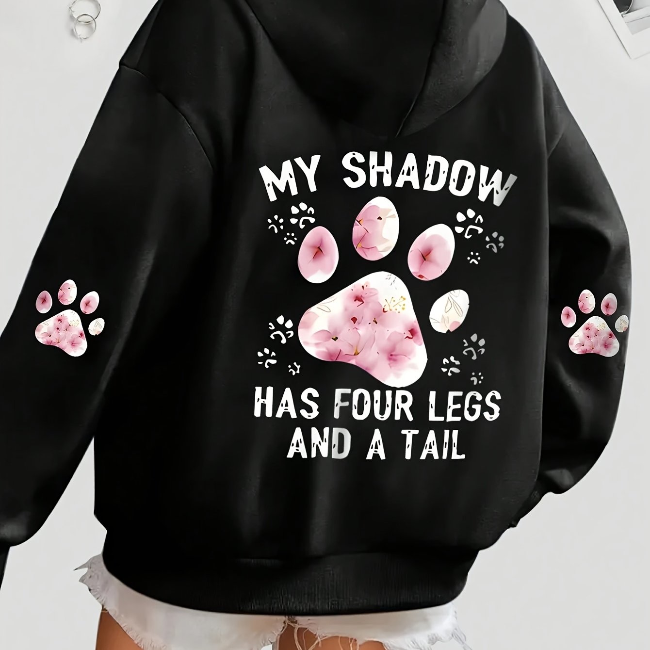 TEMU Thickened Hooded Sweatshirt For Women With Printed Footprints On The Back And , Suitable For Casual Winter Sports