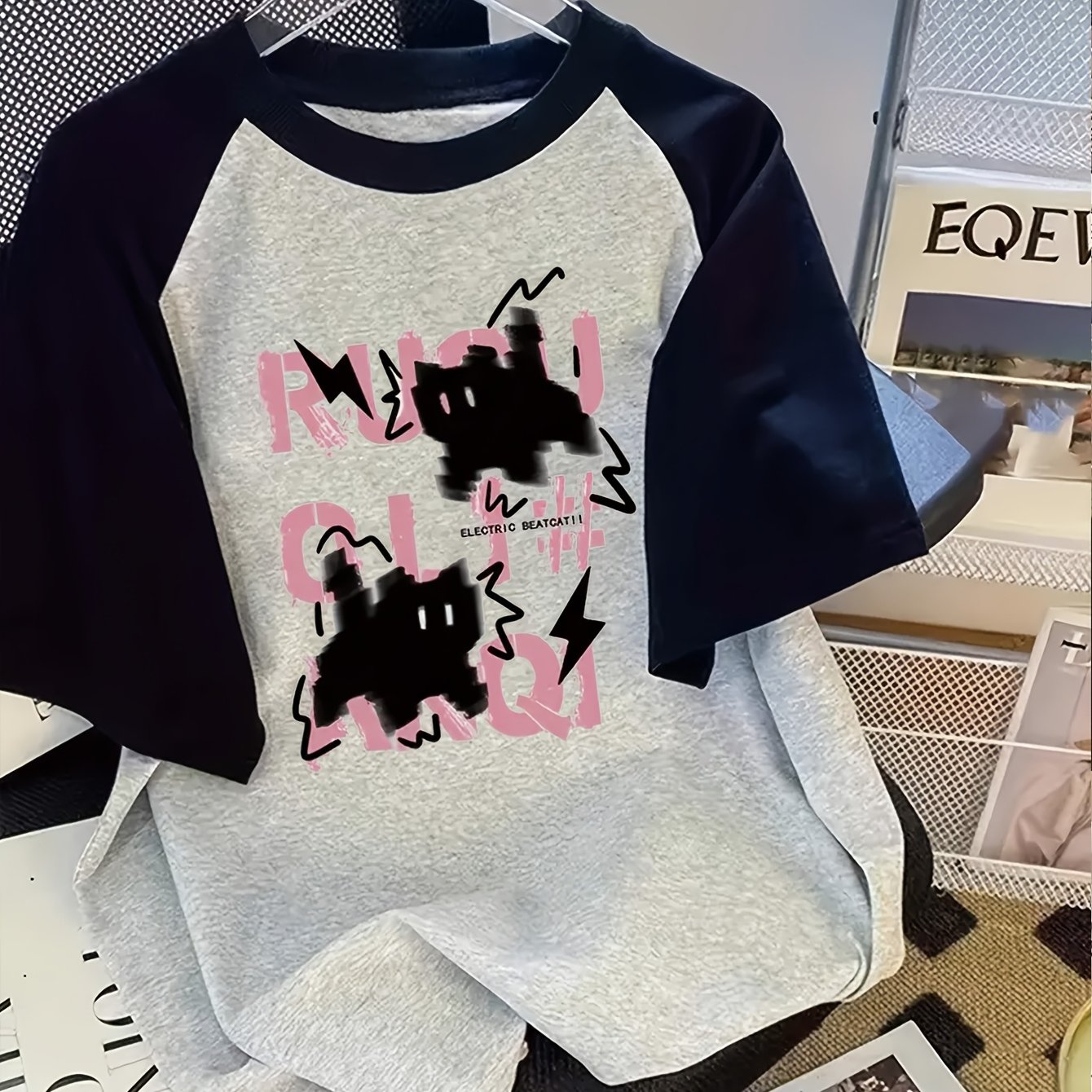 TEMU Camiseta Retro Y2K de Raglán y con Diseño de Pintura Goteada Rosa - para Mujer, a , Lavable a Máquina