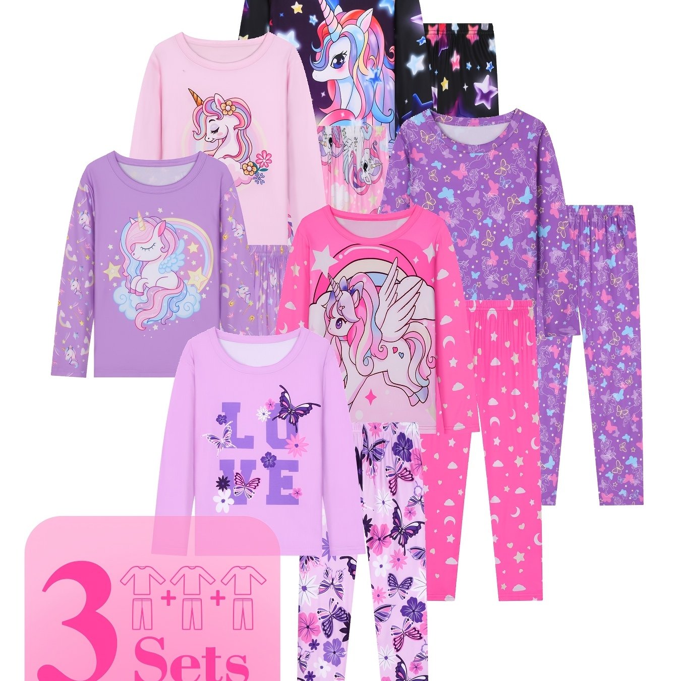 Image of Random 3 Sets Of Girls' Round Neck Cartoon Pattern Spring/autumn Long Sleeve And Long Pants Pajama Sets, Flame Retardant Tested