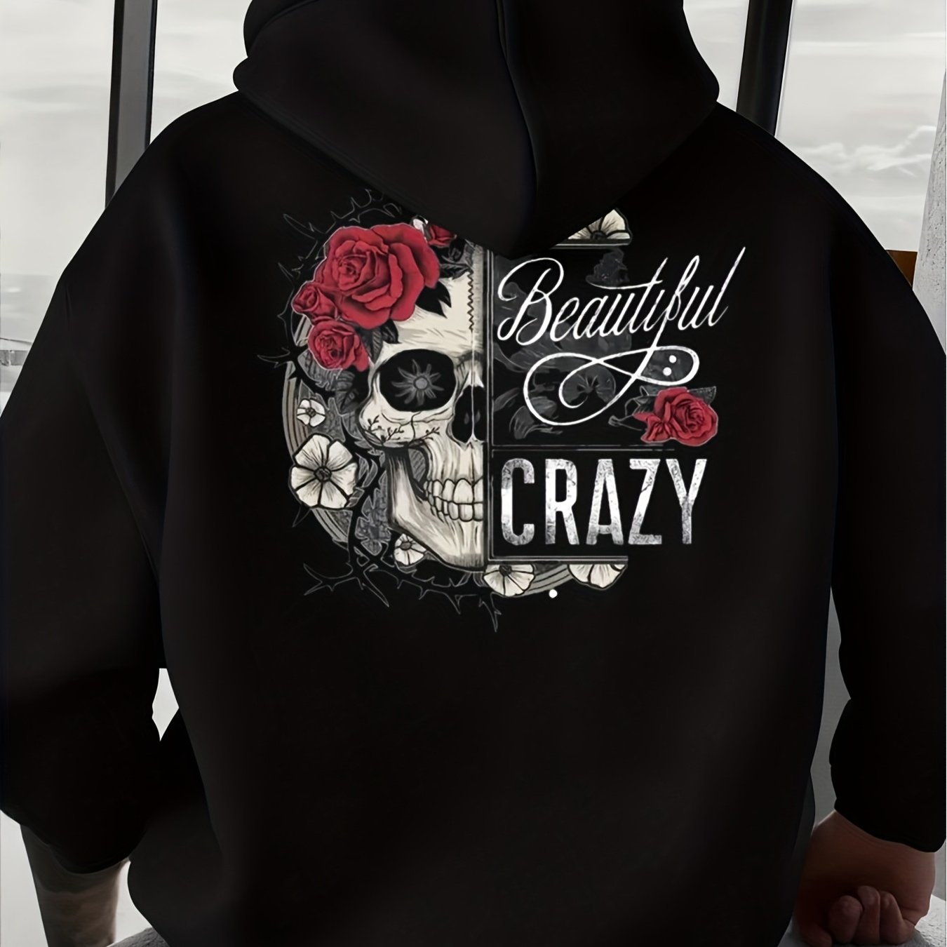 TEMU Men's And Women's Gothic Skull And Rose Print - Black Loose Fit Streetwear Beautiful Crazy Text Heavyweight 300gsm Comfortable Material Durable