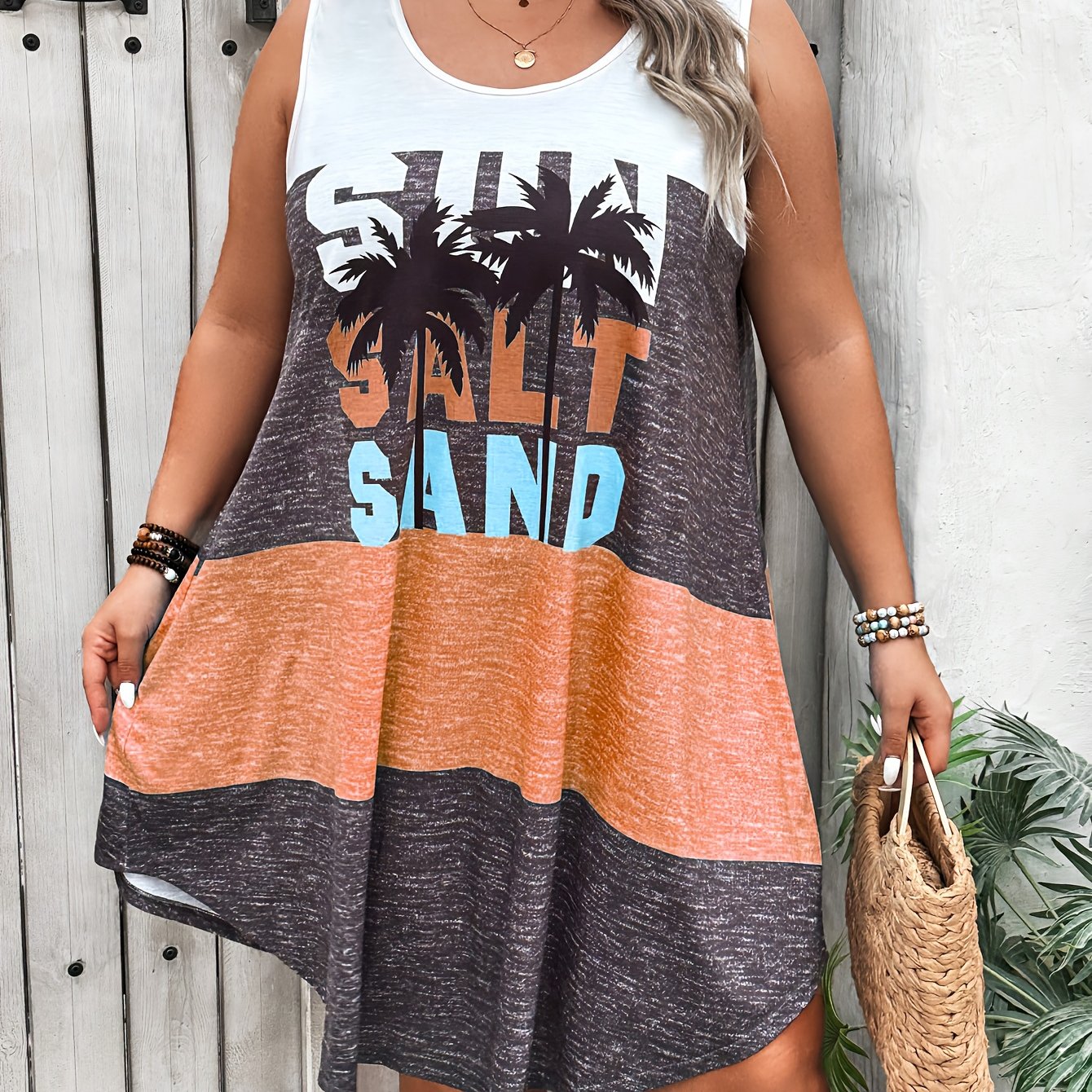 TEMU Grande Taille - Robe Manches Grande Taille avec un Design Patchwork, de d'Été sur le Thème de la Plage. Ample et Décontractée avec un Design