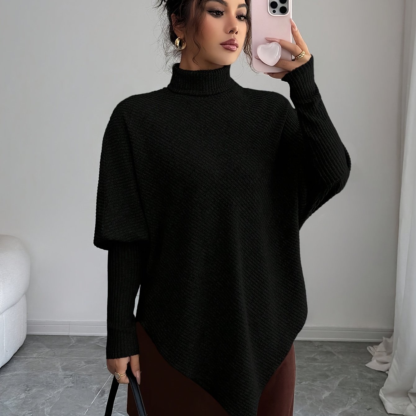 E-shop Elegantes, asymmetrisches Design, Plüsch-Rippen-T-Shirt mit hohem Kragen für Damen, zum Tragen mit allem