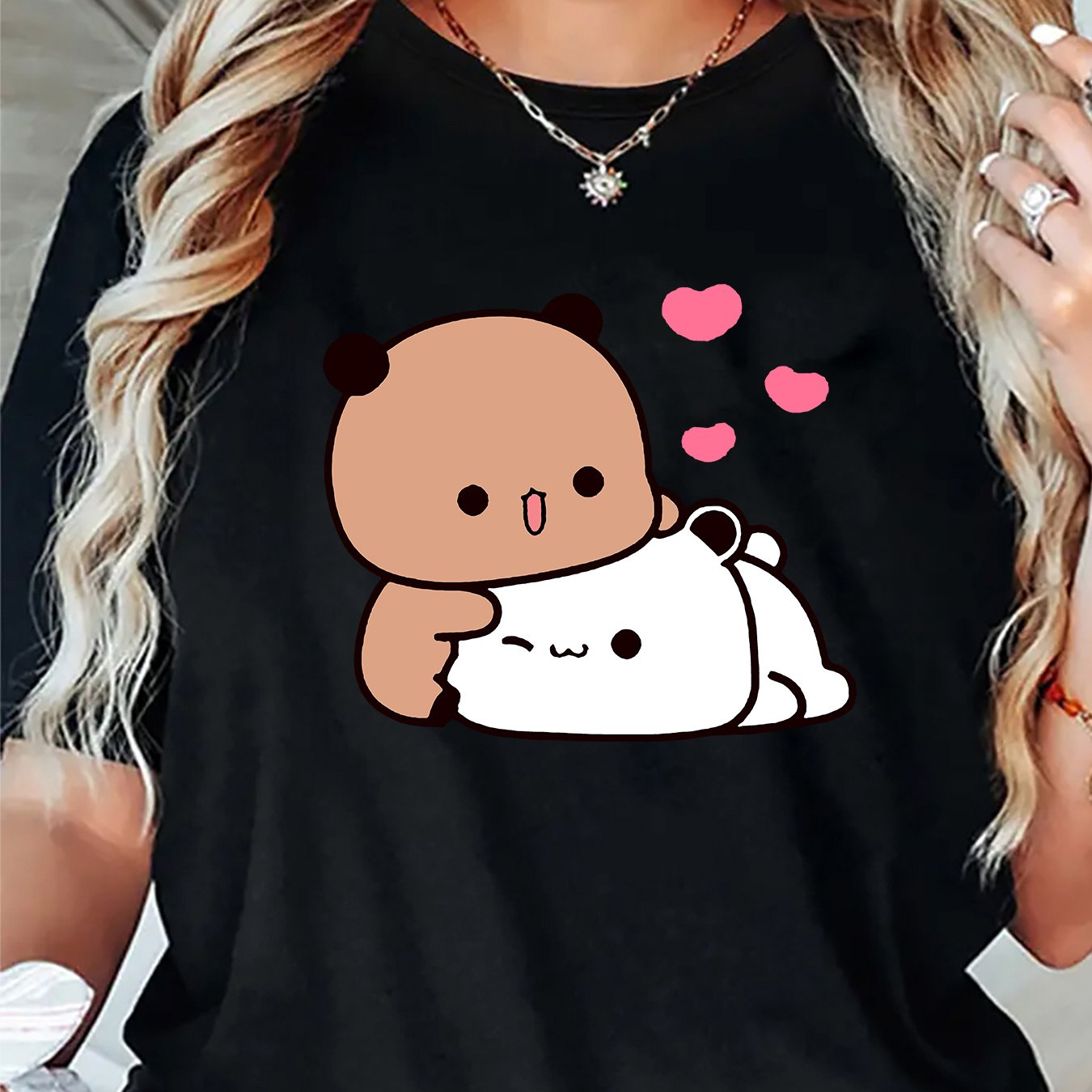 TEMU Women's Fashion T-shirt - Cute Panda Holding Heart Print, Casual Top For Spring, Summer, And Autumn. Suitable For Daily Casual Wear, Office And