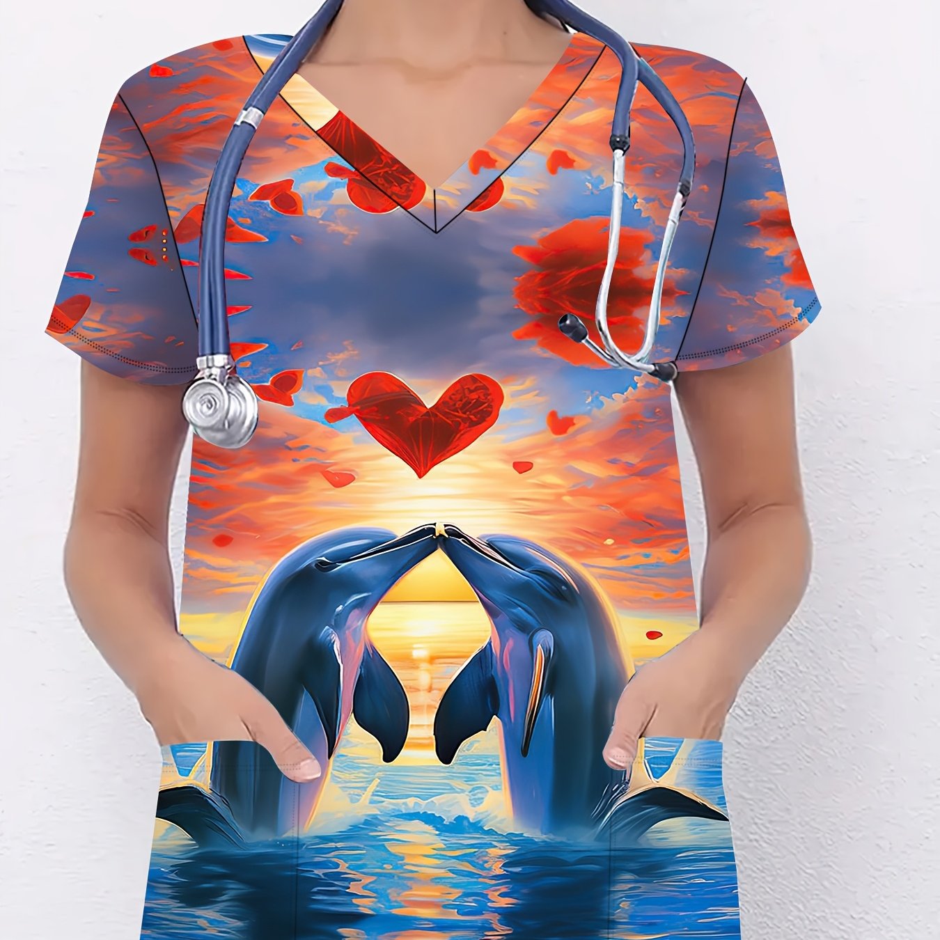 TEMU Plus Size - Plus Size - Women's Valentine's Uniform Top - V-neck Short Sleeve, Dolphin And Heart Pattern Print, Functional Pockets, Machine