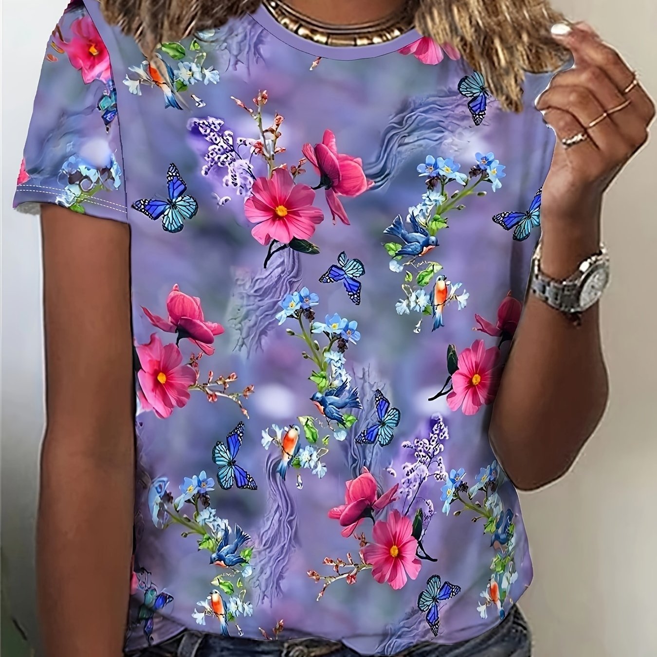 TEMU Casual Women's Short-sleeve T-shirt Featuring Vibrant Floral And Designs, Made From Stretchy Material, Easy To Wash, Stylish For Spring And