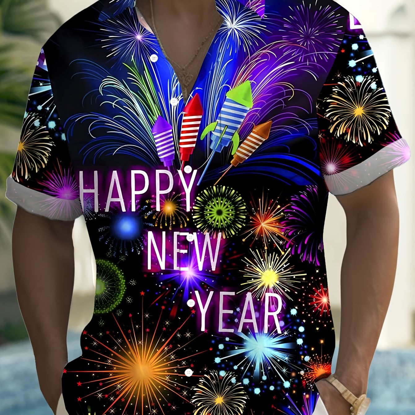 TEMU Men's Retro Christmas & New Year Short Sleeve Shirt - Fireworks Print Collar Button-up With Pocket, Happy New Year Text & Multicolor Fireworks