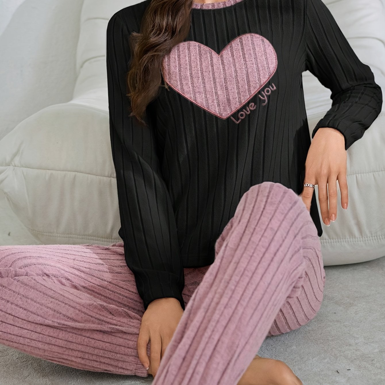 TEMU 2-delige zachte flanellen pyjamaset met geborduurd lief , herfst/winter