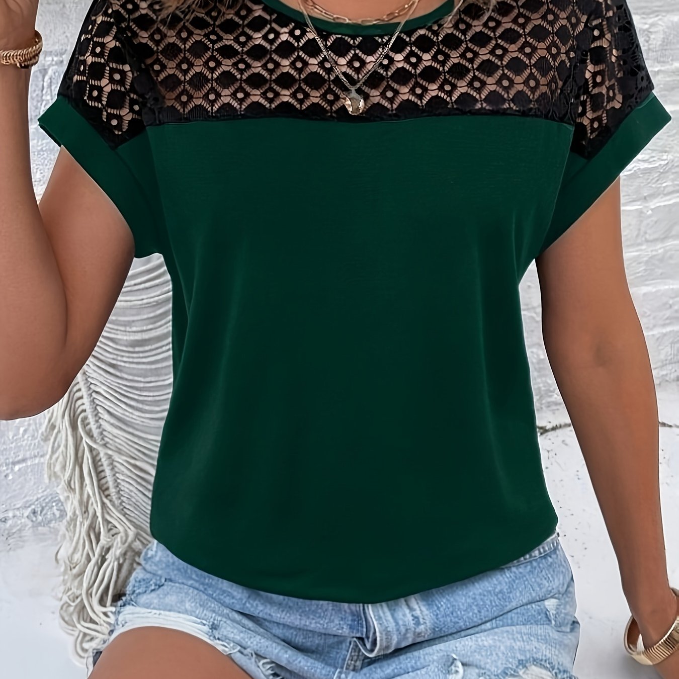 Image of Elegant Solid Color Lace Spliced Batwing Sleeve