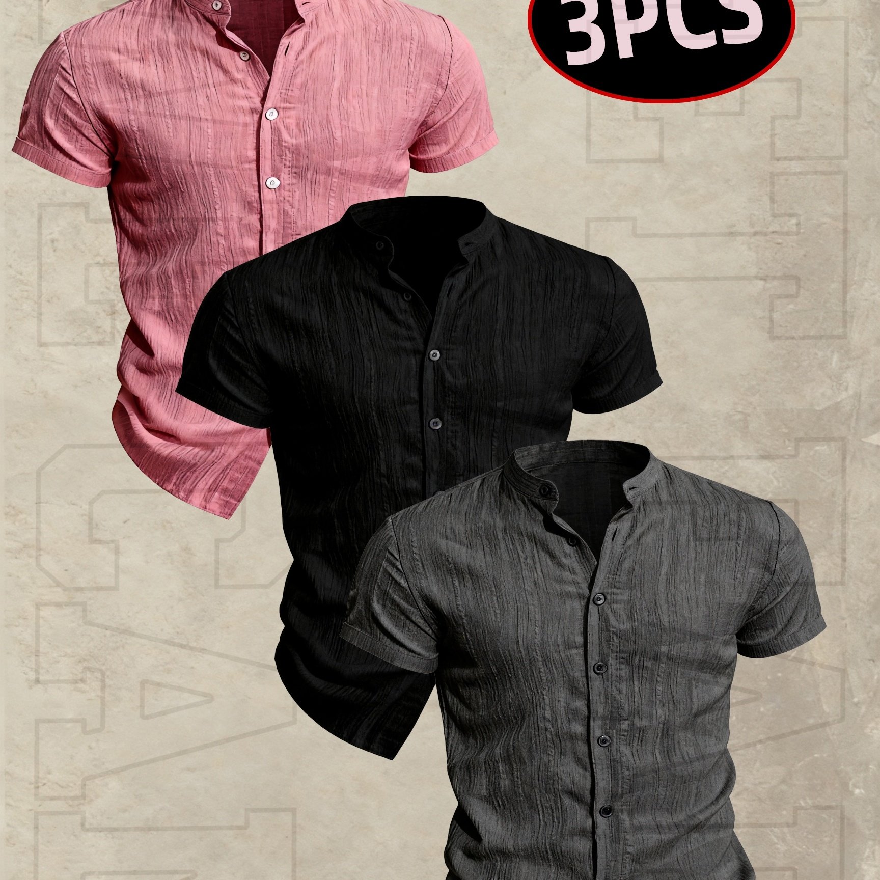 TEMU Rose Obm Men's 3pcs Summer Short-sleeve Cardigan Shirt Set - Lightweight Breathable Collar -front, Solid Color Beachwear Suitable For Pool