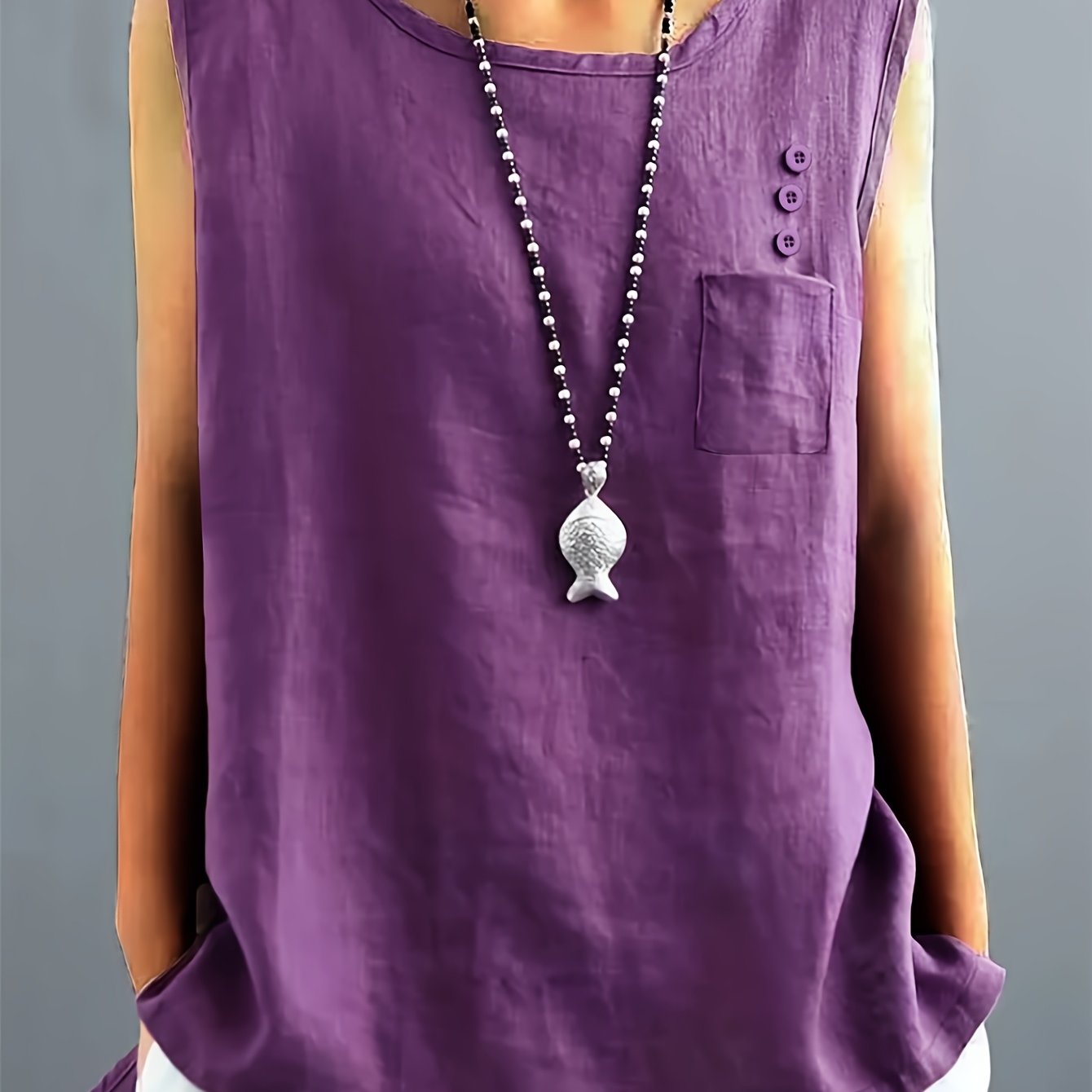 Solid Color Round Neck Button- Vest
