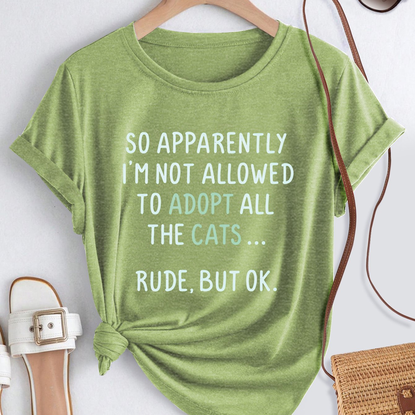 TEMU Elegant Women's Short Sleeve T-shirt Vintage Style So Allowed To Adopt All The Cats Fun Text Print Breathable Comfortable Fabric Women's Summer
