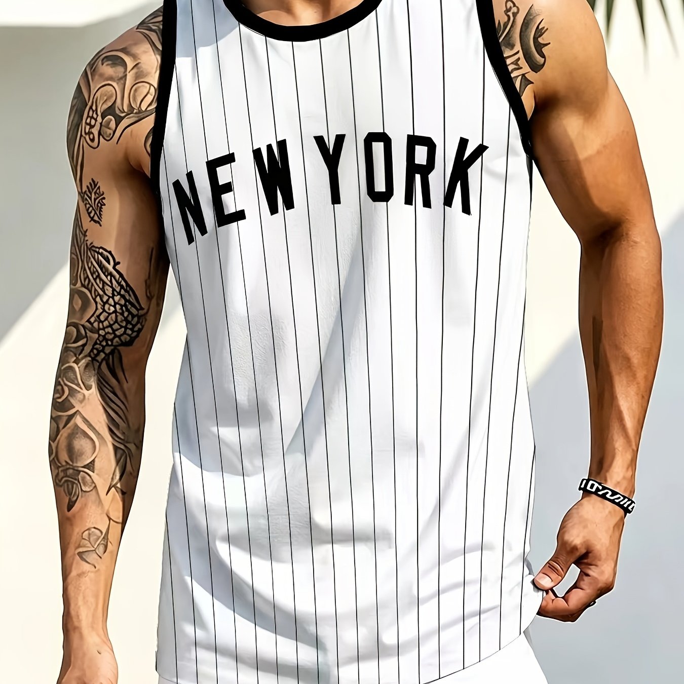 TEMU Men's Summer Casual Striped Letter Print Tank Top - , Non-textured