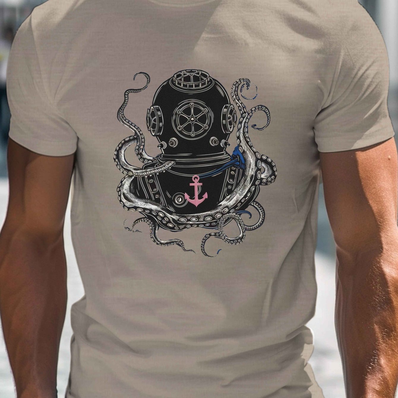 TEMU Diving Helmet Atop Octopus Print, Men's Round Crew Neck Short Sleeve Tee, Casual T-shirtcasual Comfy Lightweight Top For Summer