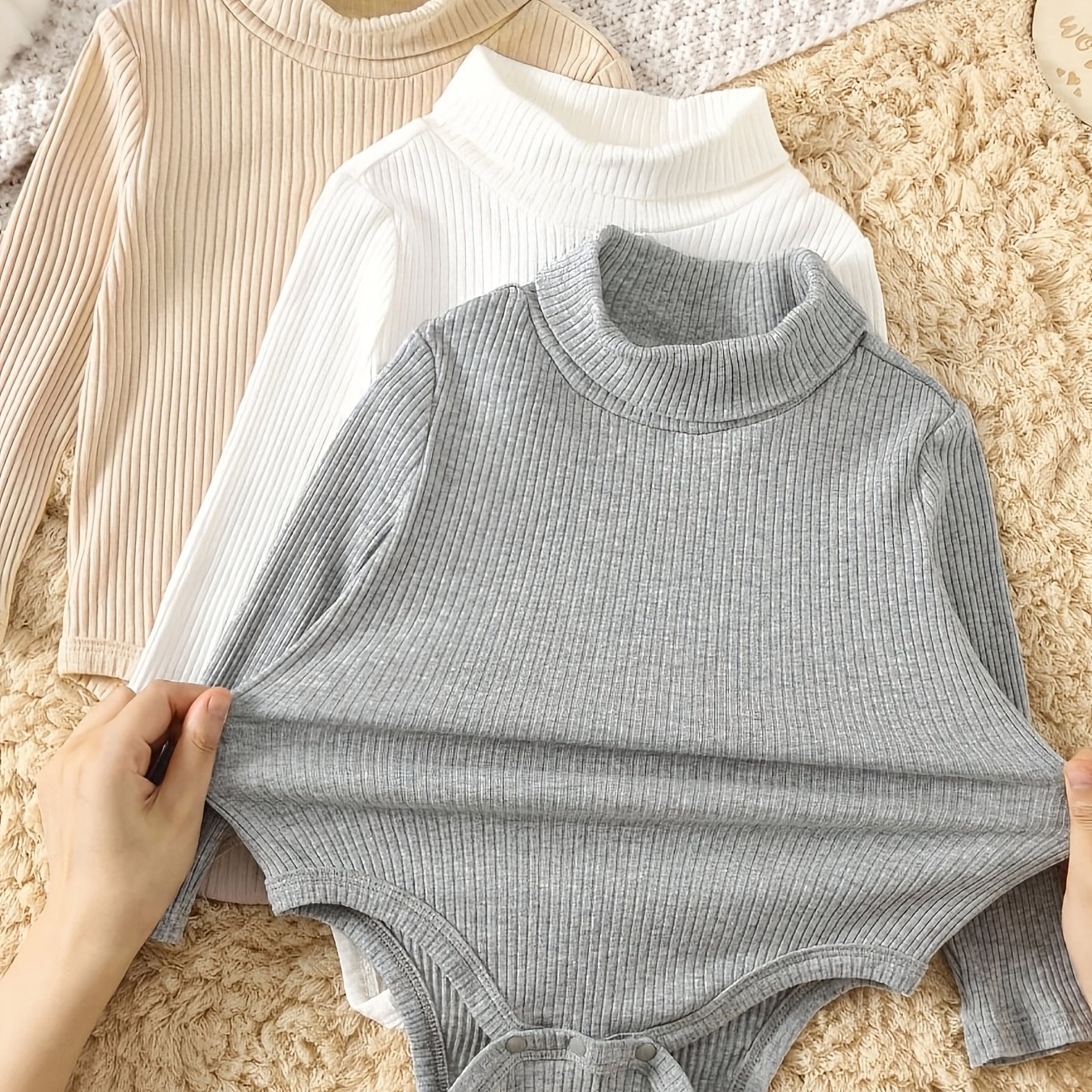 Image of 3pcs Set Newborn Boy/girl Autumn Easy Solid Color High Neck Long Sleeve Bodysuit Baby Clothes, For Outdoor